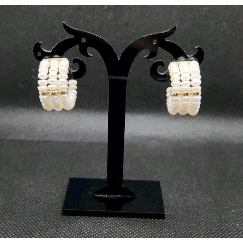 Estate 14k Gold Clutch Back 3 Row Cultured Pearl Hoop Earrings